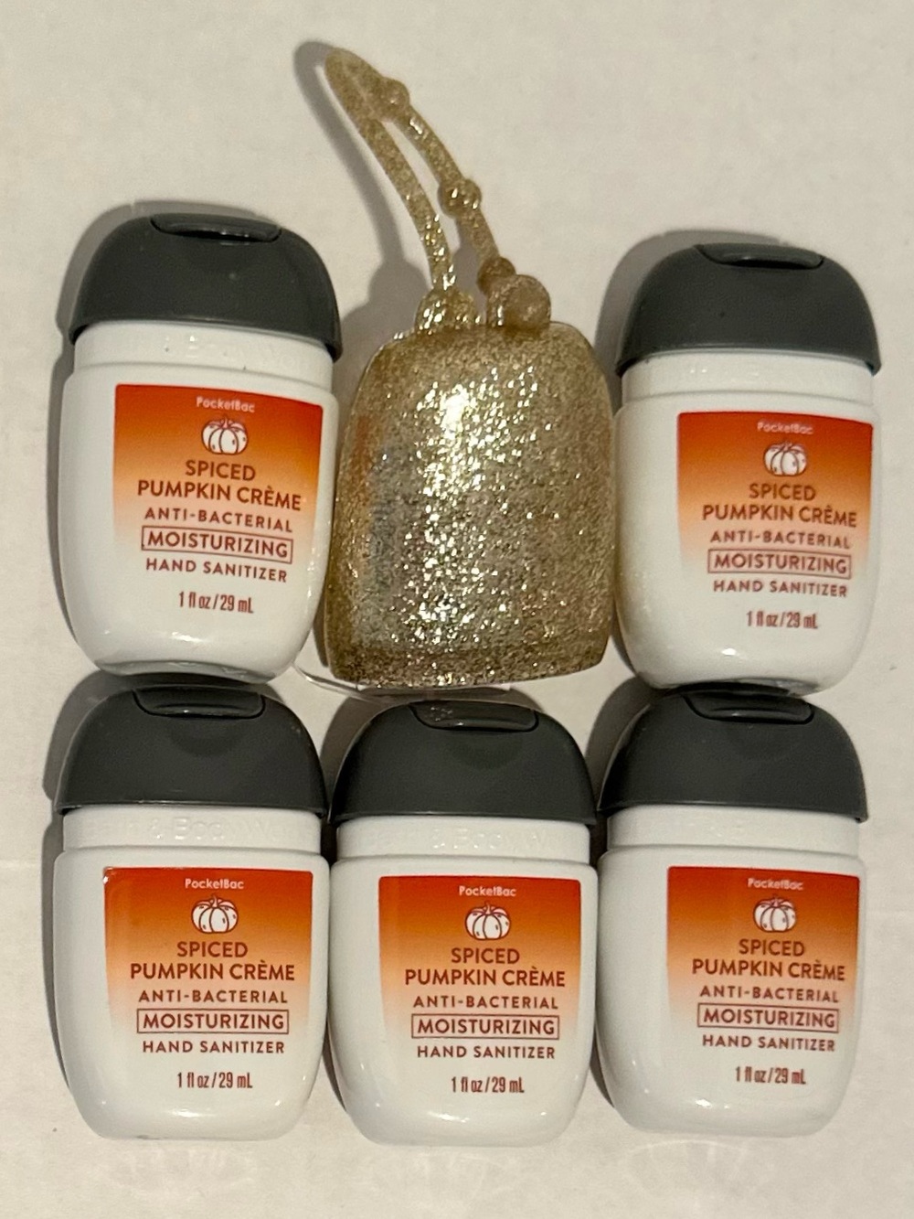 Bath & Body NEW (5) Spiced Pumpkin Creme Hand Sanitizers & Gold Glitter Holder